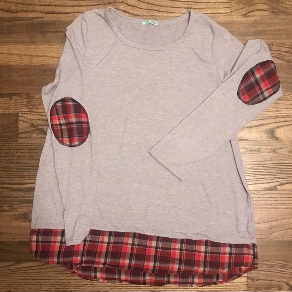 Grey tunic with plaid elbow patches!!!